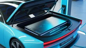 Illustration of a revolutionary VarEVolt battery being charged in an electric car.