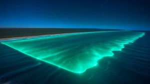 Illustration of a massive bioluminescent phytoplankton bloom off Australia's southern coast captured by NASA satellites.