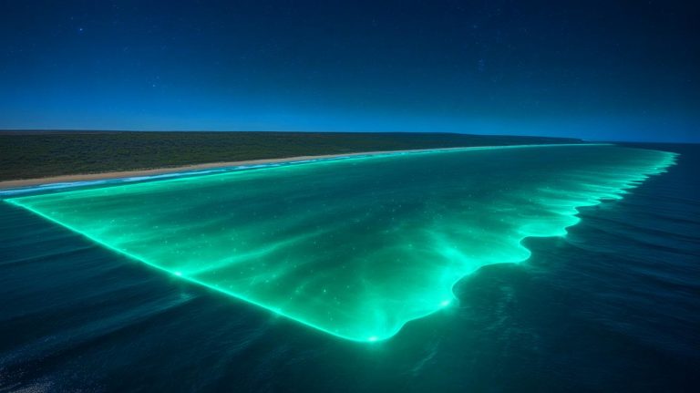 Illustration of a massive bioluminescent phytoplankton bloom off Australia's southern coast captured by NASA satellites.