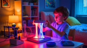 Illustration of a young boy achieving nuclear fusion in his bedroom.