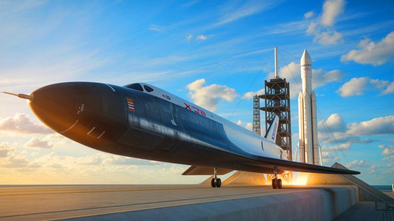 Illustration of the X-37B spaceplane being prepared for launch at the Kennedy Space Center.