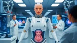 Illustration of a humanoid robot designed for pregnancy simulation.