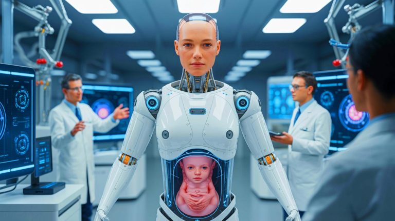 Illustration of a humanoid robot designed for pregnancy simulation.