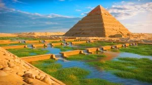 Illustration of a sophisticated water management system near Egypt's Pyramid of Djoser revealing advanced engineering techniques.