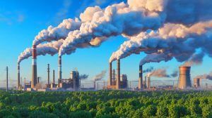 Illustration of Russia increasing its greenhouse gas emissions by 20% by 2035 under the authorization of Vladimir Putin.