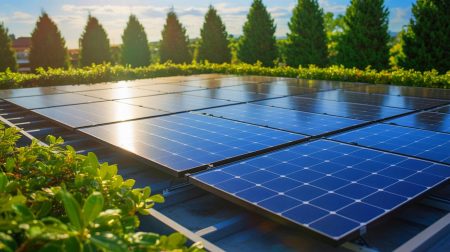 Illustration of solar panels made with recycled glass matching the efficiency of panels with new glass.