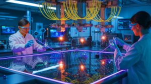 Illustration of a working quantum computer with lasers and mirror systems.