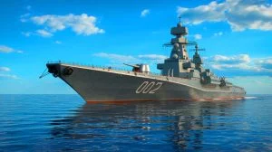 Illustration of the Russian nuclear-powered battlecruiser Admiral Nakhimov returning to sea trials after modernization.