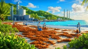 Illustration of invasive brown algae on Caribbean beaches being transformed into a sustainable biogas source.