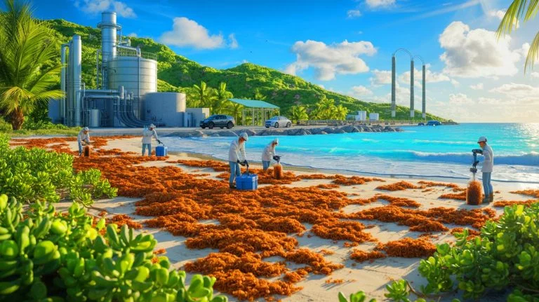 Illustration of invasive brown algae on Caribbean beaches being transformed into a sustainable biogas source.
