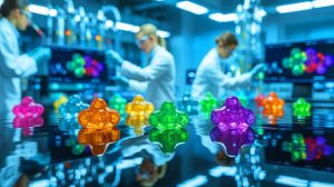 Illustration of researchers developing underwater-adhesive hydrogels inspired by nature and advanced technology.