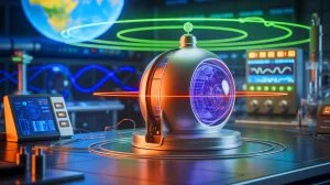 Illustration of a device generating electricity from the Earth's rotation.