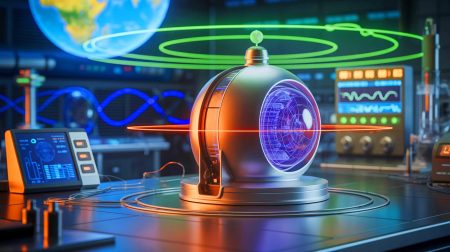 Illustration of a device generating electricity from the Earth's rotation.