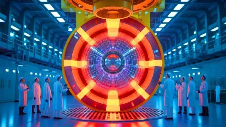 Illustration of the ITER project's central solenoid, a powerful magnet essential for nuclear fusion.