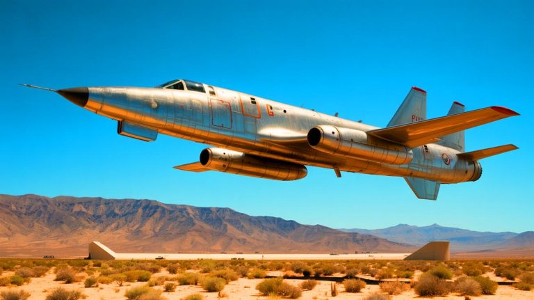 Illustration of the RAT55 aircraft maneuvering near Hangar 18 at Area 51.