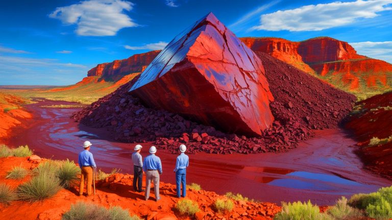 Illustration of geologists uncovering an enormous iron ore deposit in Western Australia.