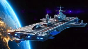Illustration of the U.S. Space Force and Gravitics' orbital aircraft carrier project for satellite deployment.