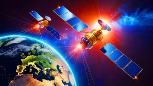 Illustration of satellites in geostationary orbit collecting solar energy to transmit to Earth.