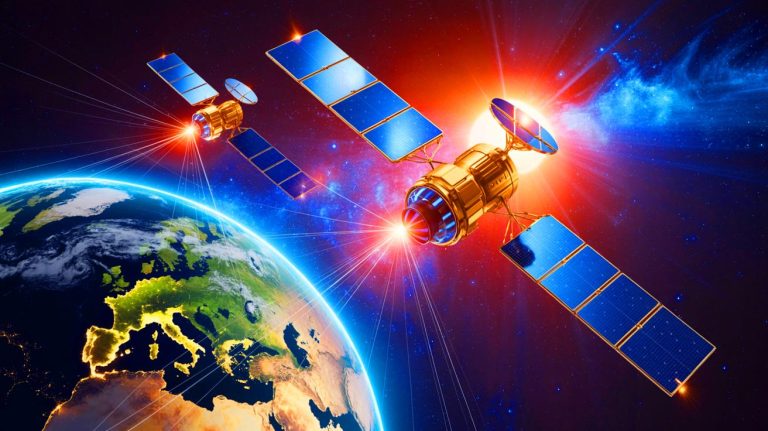 “Officials Call Plan Unrealistic”: Europe Claims 80% Renewable Goal From Space Solar Panels By 2050 As Critics Warn Of Economic And Security Risks Illustration of satellites in geostationary orbit collecting solar energy to transmit to Earth.