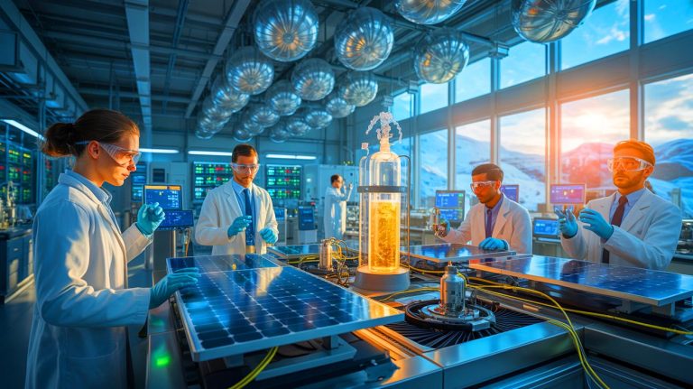Illustration of Swiss scientists developing carbon-neutral jet fuel using sunlight and air.