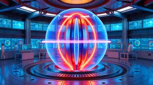 Illustration of the central solenoid in the ITER project, a powerful magnet for nuclear fusion.