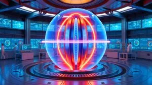 Illustration of the central solenoid in the ITER project, a powerful magnet for nuclear fusion.