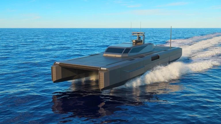 US Navy Stuns World As “44 Tons Means Total Dominance” With Launch Of Most Advanced Warship In Modern Maritime History Illustration of the AIRCAT Bengal MC, the world’s most advanced autonomous naval vessel.
