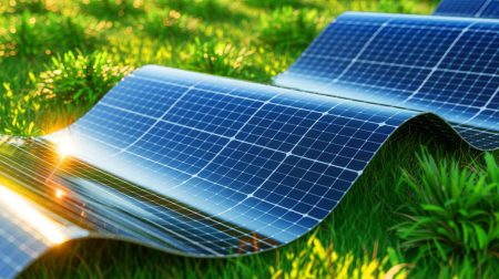 Illustration of flexible perovskite solar cells developed for high efficiency and durability.