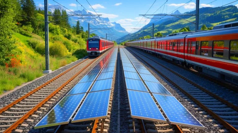 Swiss Startup Sun-Ways Says “Rails Now Make Electricity” As World’s First Removable Solar Panels Begin Trials On Active Train Tracks Illustration of solar panels installed on railway tracks in Switzerland.