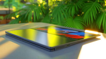 Illustration of a Lenovo Yoga Solar PC concept laptop harnessing solar energy with integrated solar panels on its lid.