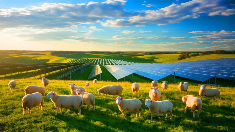 “$6.7M Saved by Solar Sheep”: Agrivoltaics Boosts Wool Quality While Powering Farms and Cutting Maintenance Costs in Australia and Abroad Illustration of a solar farm integrating sheep grazing in Australia.