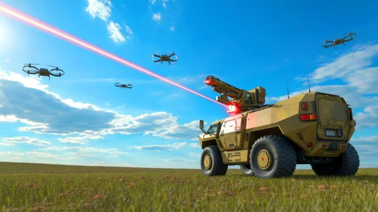 U.S. Army Says “Lasers will guard our skies” as HII Leads Development of Mobile, Scalable Anti-Drone Weapon System Illustration of the U.S. Army's high-energy laser weapon prototype designed to counter drone threats.