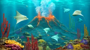 Illustration of a thriving marine ecosystem discovered around an active underwater volcano off the coast of Vancouver Island.