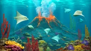 Illustration of a thriving marine ecosystem discovered around an active underwater volcano off the coast of Vancouver Island.