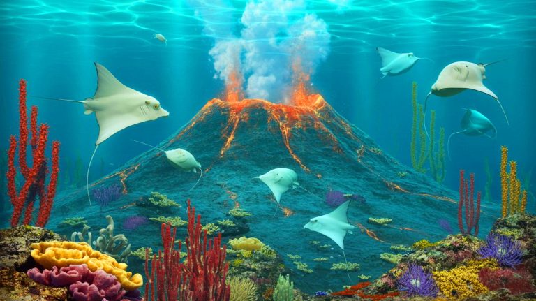 Illustration of a thriving marine ecosystem discovered around an active underwater volcano off the coast of Vancouver Island.