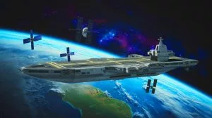 Illustration of the U.S. Space Force's orbital aircraft carrier developed with Gravitics for advanced satellite deployment.