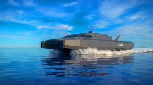 Illustration of the AIRCAT Bengal MC, an advanced autonomous naval vessel developed by Eureka Naval Craft and Greenroom Robotics.