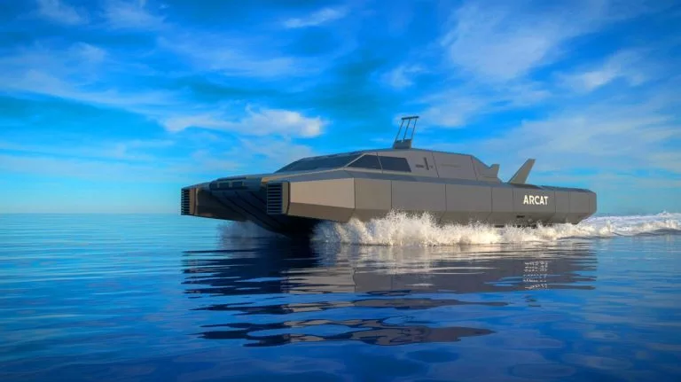 Illustration of the AIRCAT Bengal MC, an advanced autonomous naval vessel developed by Eureka Naval Craft and Greenroom Robotics.