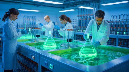 Illustration of scientists at NIBIO developing biomethane from carbon-based gases using biofilm technology.