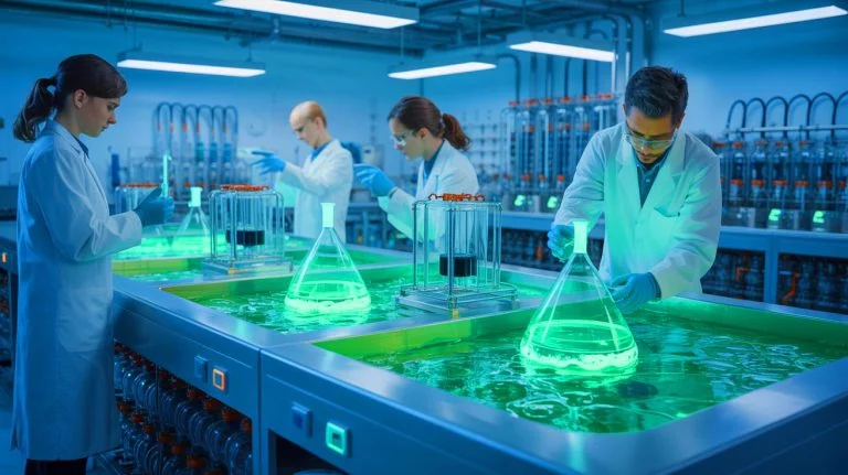 Illustration of scientists at NIBIO developing biomethane from carbon-based gases using biofilm technology.