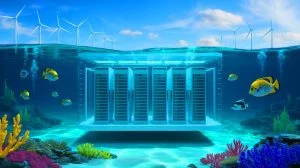Illustration of China's first commercial underwater data center utilizing ocean and wind energy for sustainable cooling.