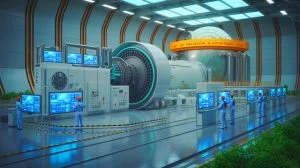 Illustration of China's CFR-1000 fast neutron reactor and its potential impact on global energy strategies.