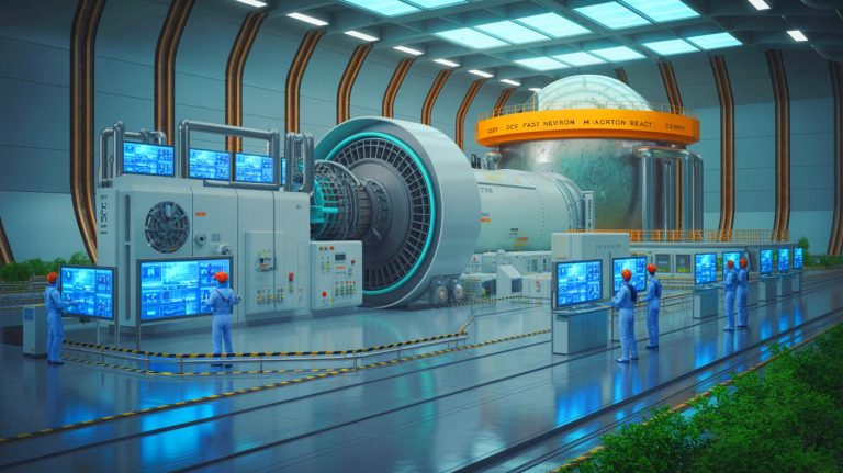 Illustration of China's CFR-1000 fast neutron reactor and its potential impact on global energy strategies.
