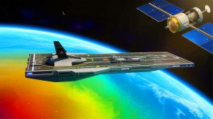 Illustration of the U.S. Space Force's orbital aircraft carrier developed by Gravitics for enhanced satellite deployment.
