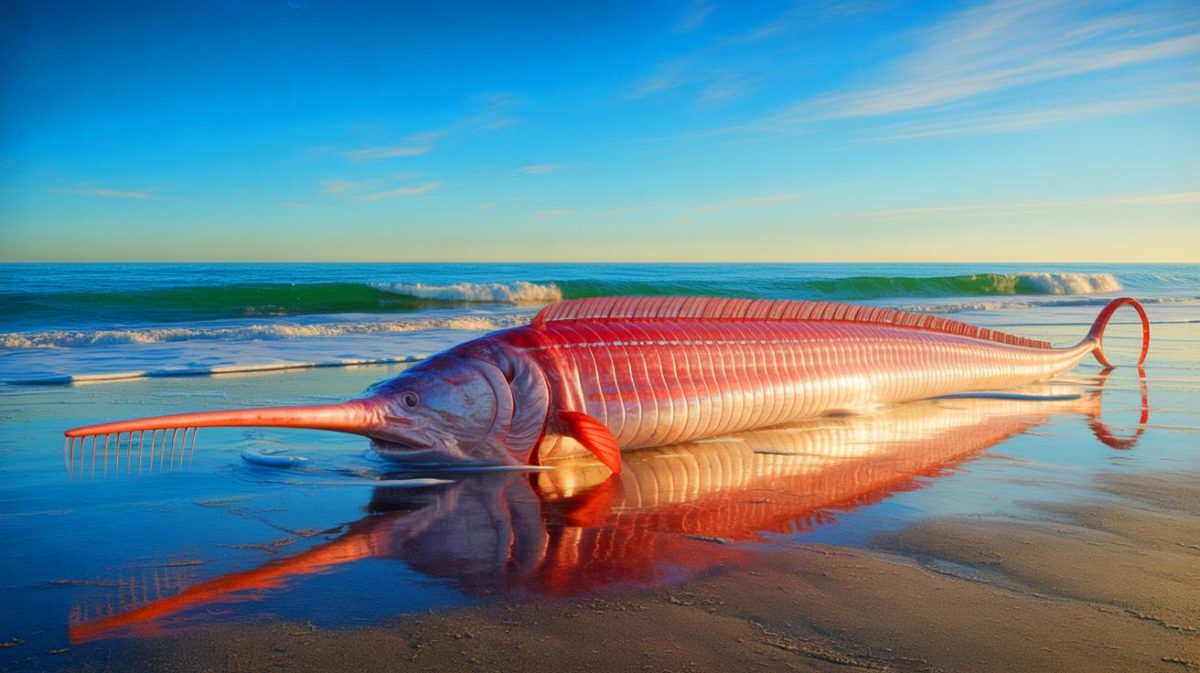 Illustration of a giant oarfish washed ashore on a beach.