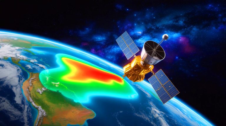 Illustration of the impact of the South Atlantic Anomaly on space technology and Earth's magnetic field.