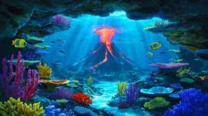 Marine Teams Stunned as “Eggs Rolled Like Marbles” After Sudden Eruption From Hidden Volcano Flooded Ocean With Over a Million Creatures Illustration of an underwater volcano serving as a nursery for marine life.