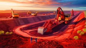 Illustration of geologists discovering a massive iron ore deposit in Western Australia.