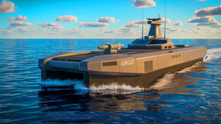 “Robot Warships Fire Tomahawks Now”: Autonomous AIRCAT Bengal MC Launches Cruise Missiles at 57 MPH Without Any Crew Aboard Illustration of the AIRCAT Bengal MC autonomous vessel with advanced missile-launch capabilities enhancing naval operations.