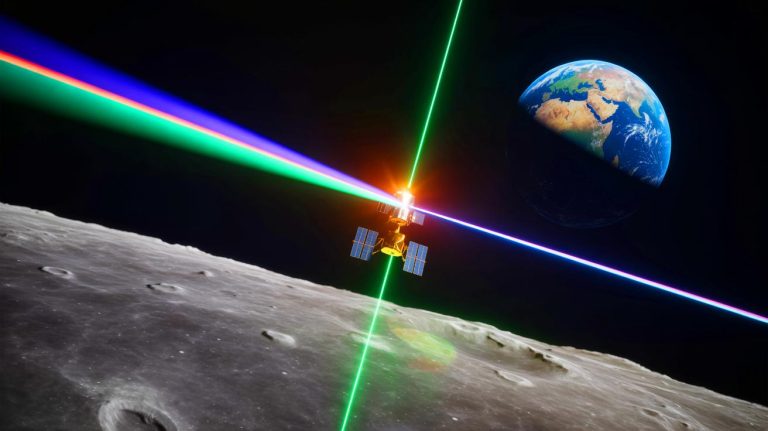 Illustration of China's laser targeting a Moon-orbiting satellite during daylight.
